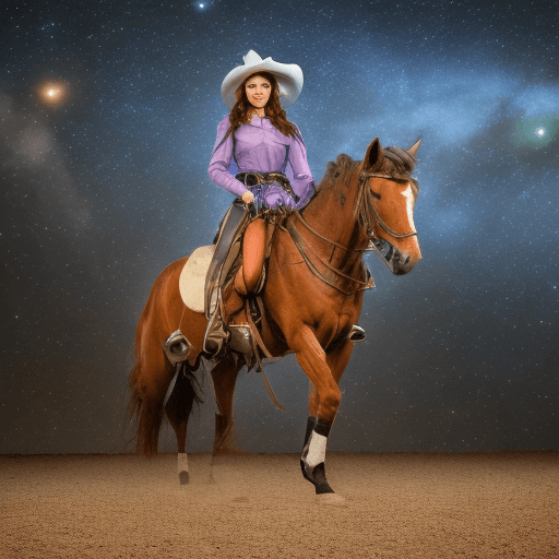 AI generated: A very pretty space cowgirl riding a horse in a wild west sci-fi style, space age era, ultra-detaile...