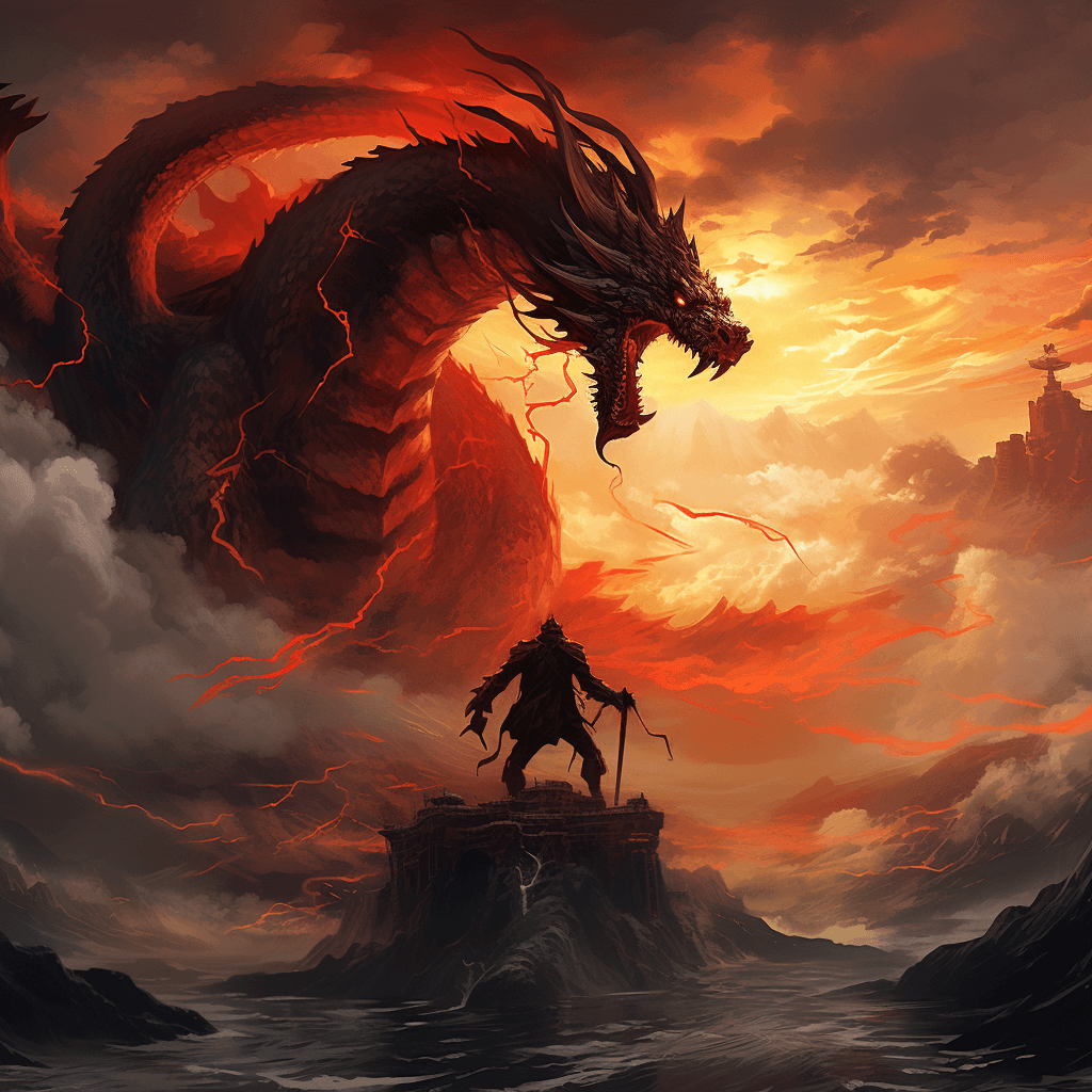 AI generated: The image features a large, fierce dragon with a prominent set of horns, standing on a rocky surface...