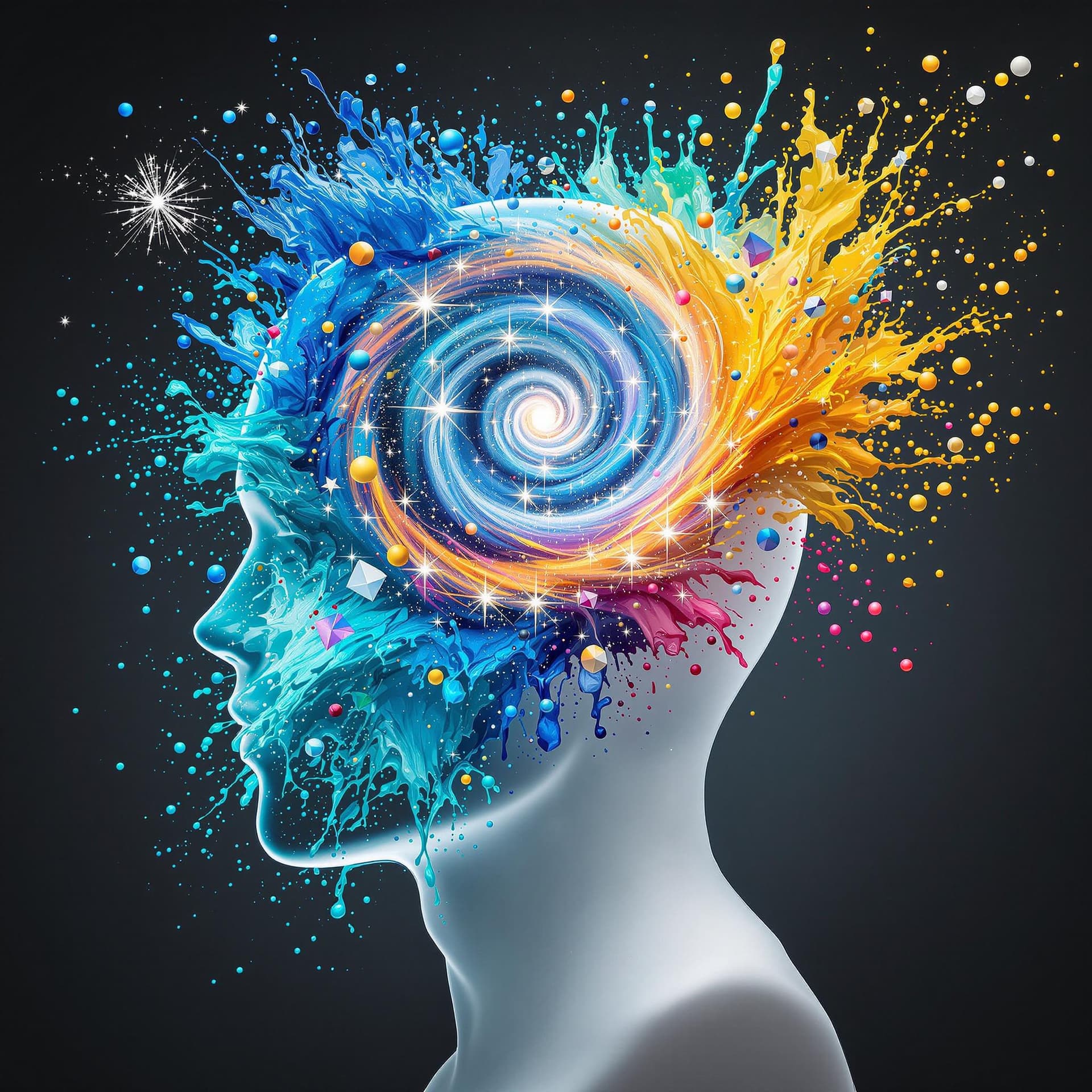 AI generated: a transparent white head to the shoulders, which contains a fabulous swirl of twinkling stars like a...