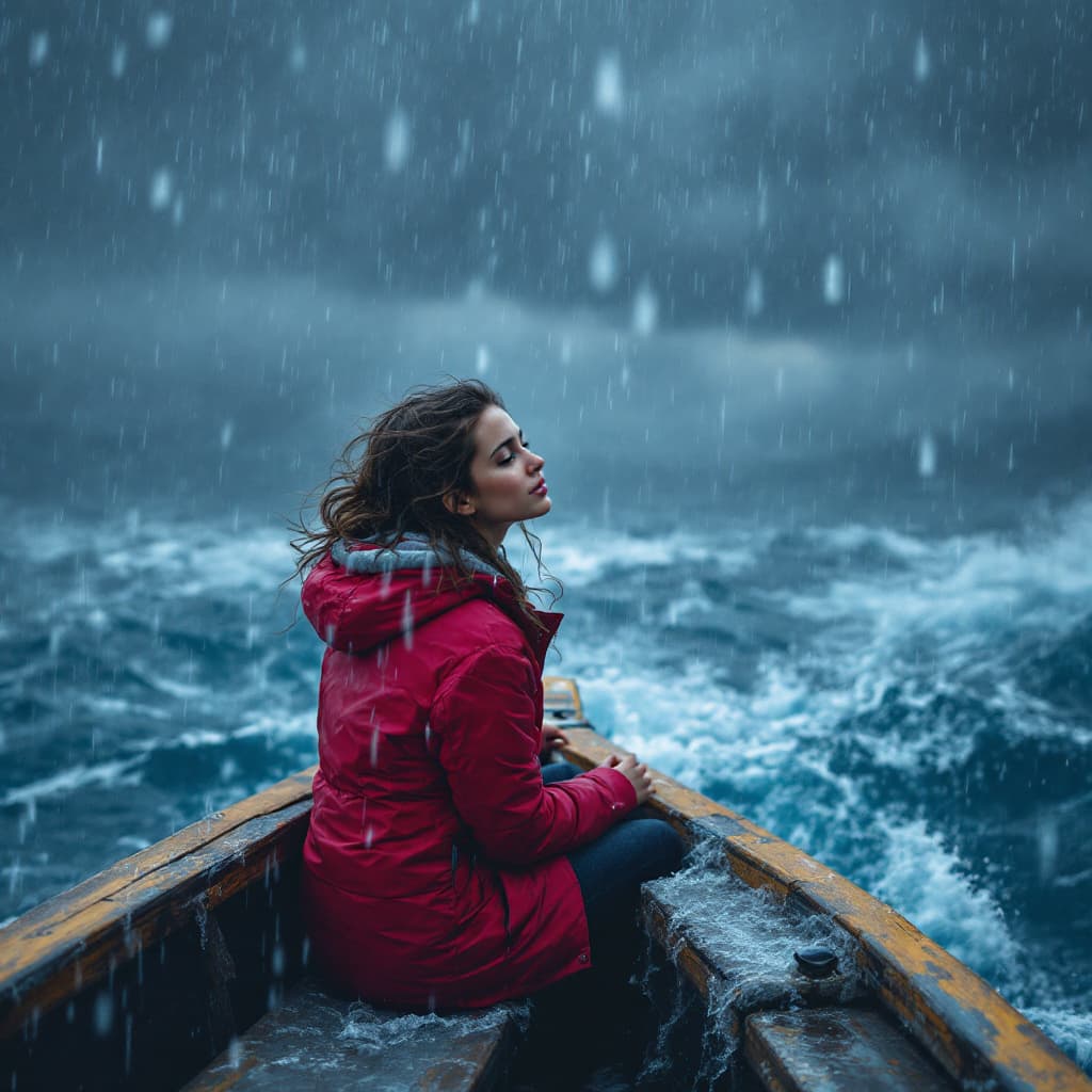 AI generated: a girl is on the boat with heavy rainfall and she is so shivering waiting for her boyfriend