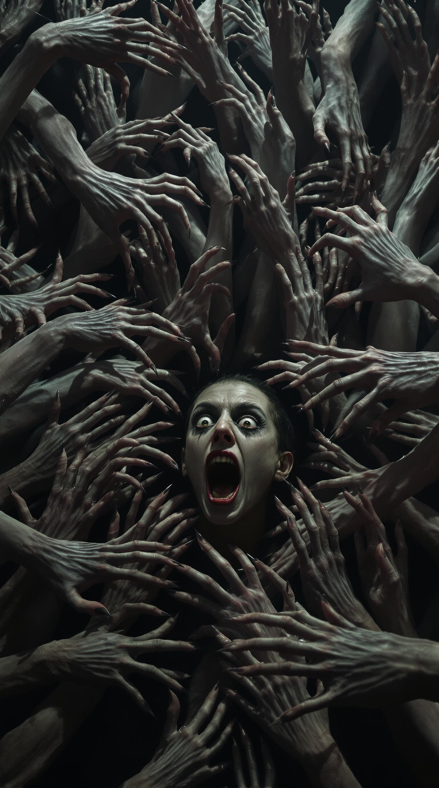 AI generated: Horror, Hyperrealistic, hellish, dystopian, nightmare, a wall full of arms and hands grabbed a perso...