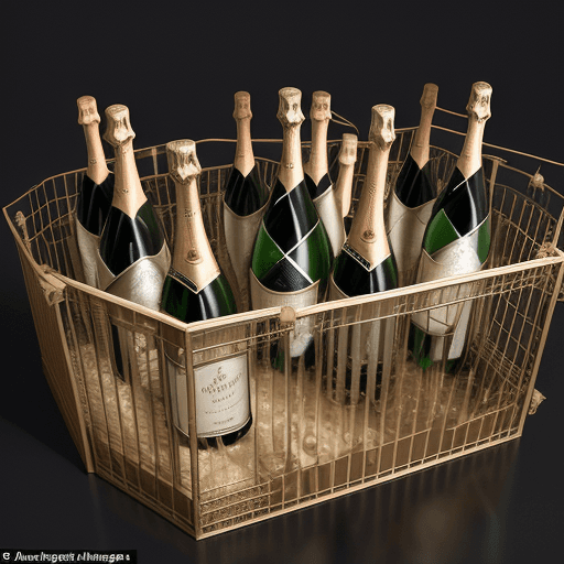 AI generated: A small transport cage with several bottles of champagne inside, which have burst and spilled their ...