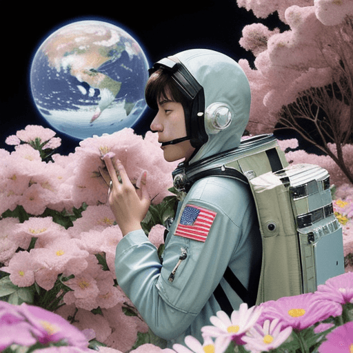 AI generated: nime style an astronaut surrounded by flowers trying to touch a butterfly with his finger, in the ba...