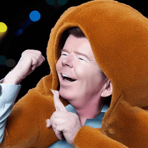 AI generated: rick astley wearing plush spider costume, photorealistic, 4k