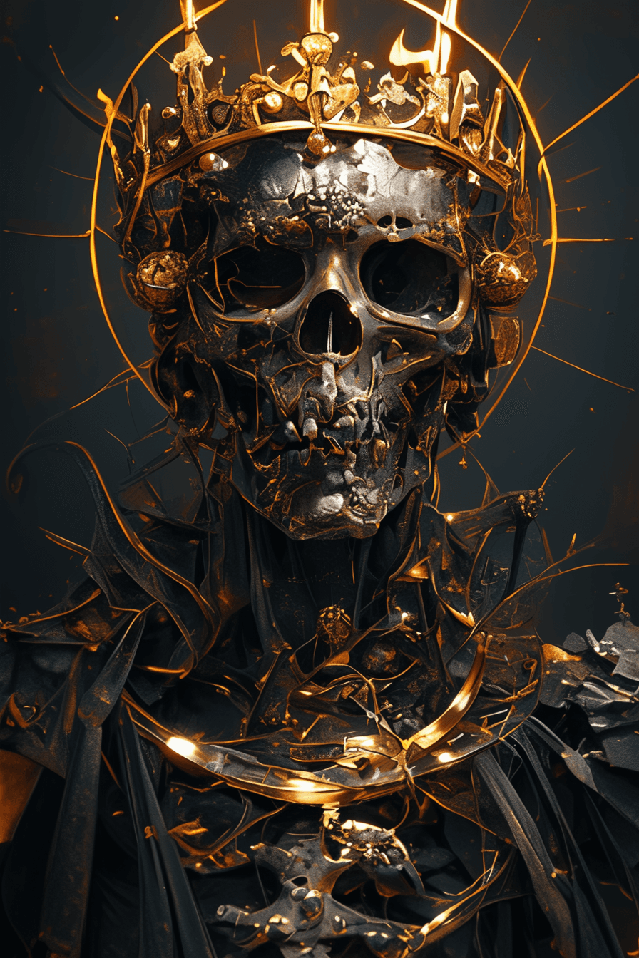 AI generated: a skull with golden crown on his head, in the style of cyberpunk imagery, vray tracing, intricate bo...