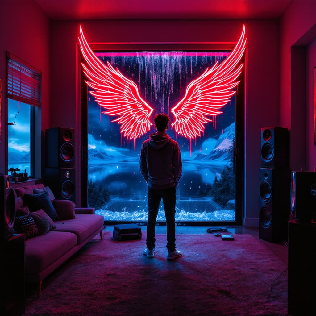 AI generated: A youngboy standing in his luxury room and many equipments around and the wall appearing red wings w...