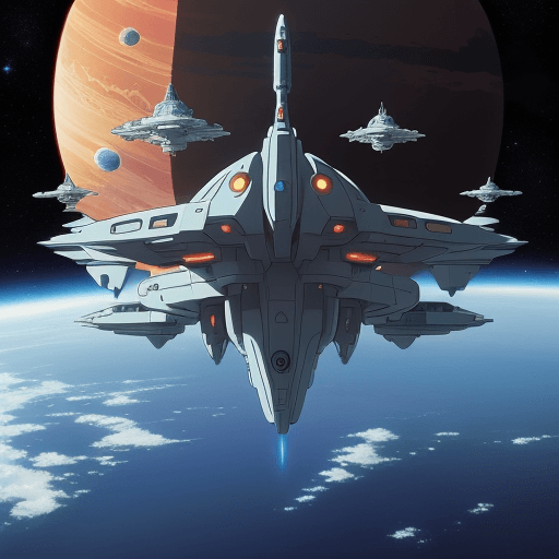 AI generated: perfect anime illustration of a futuristic space with spaceships, art by studio ghibli, many planets