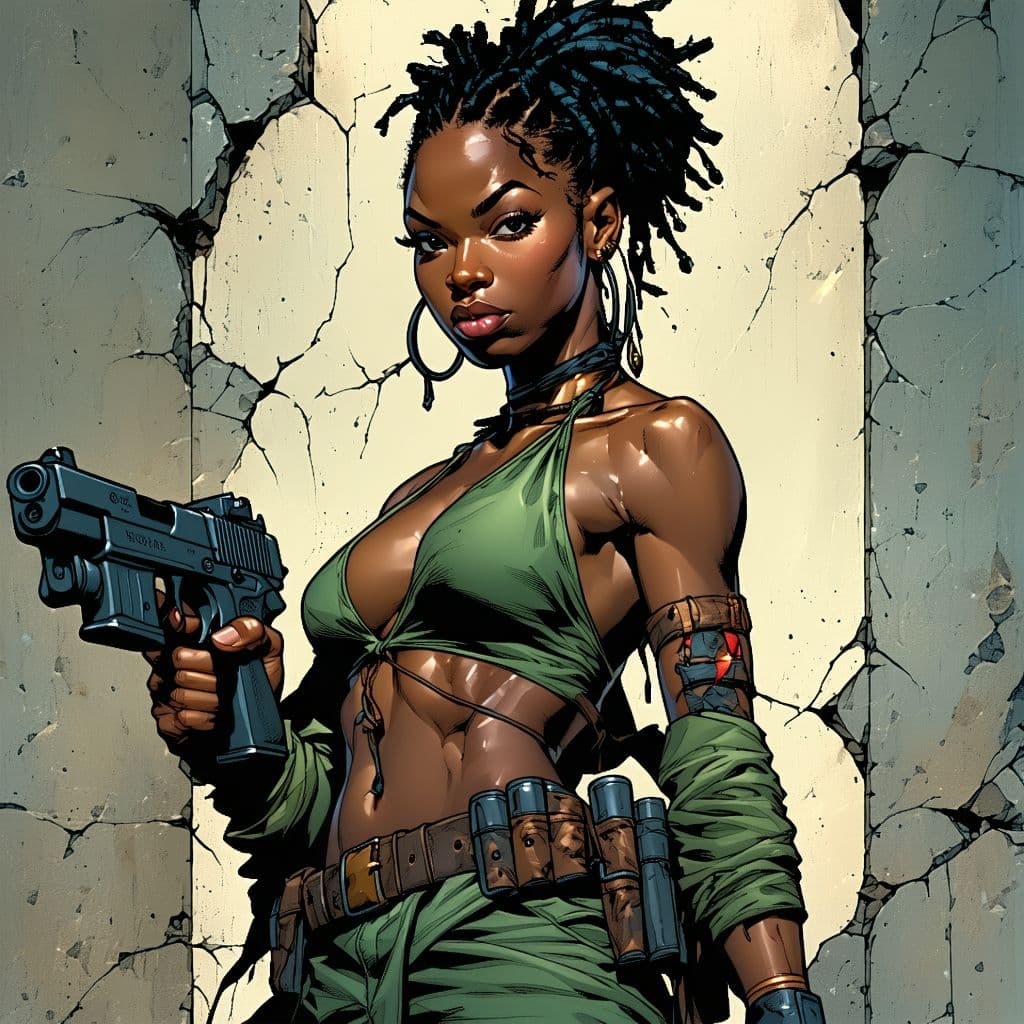 AI generated: Comic book cover illustration, full body shot of young beautiful African American woman, top model f...