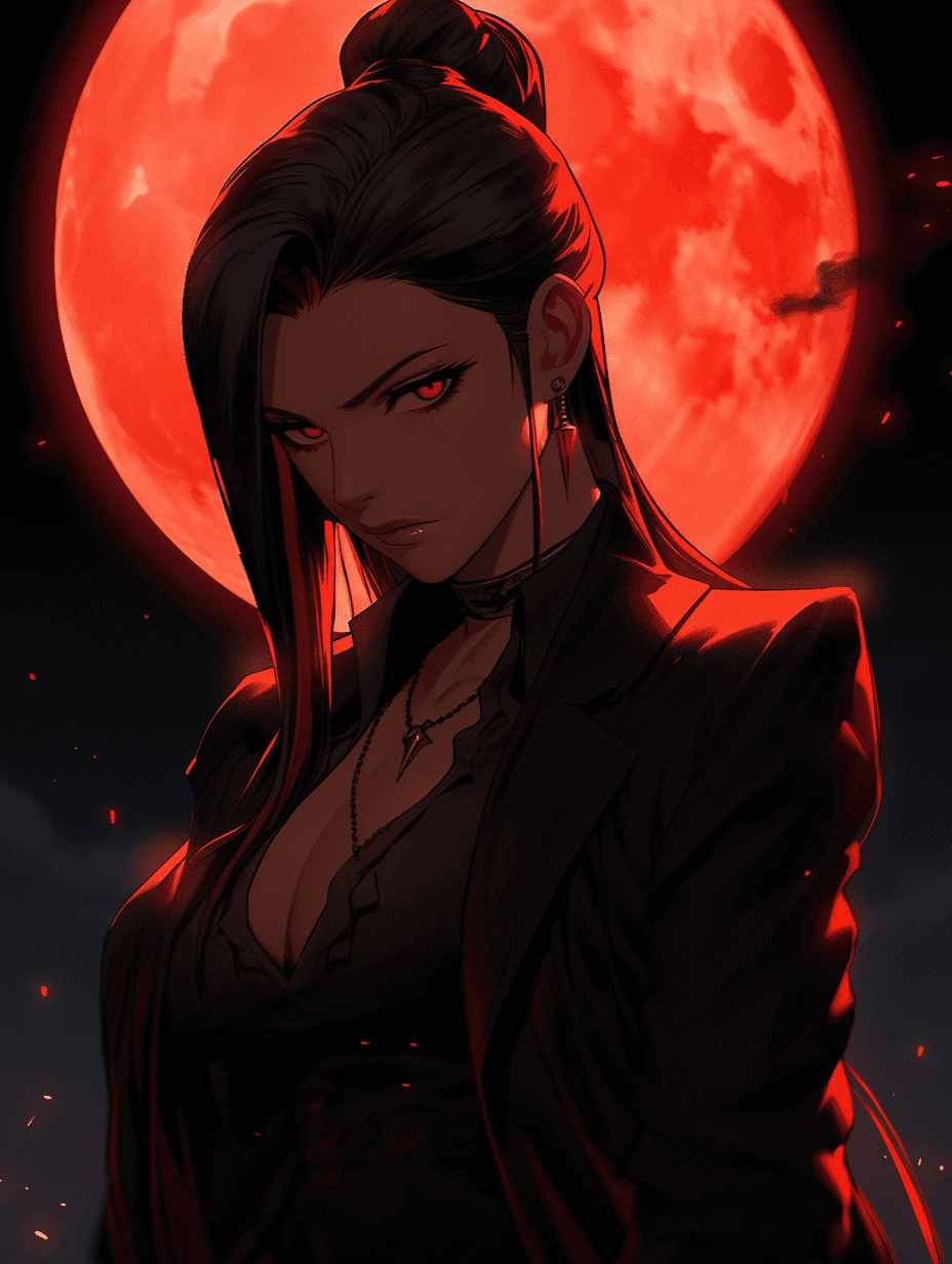 AI generated: woman with narrow eyes, evil look, brunette, huge breasts, black daring outfit with red elements, ne...