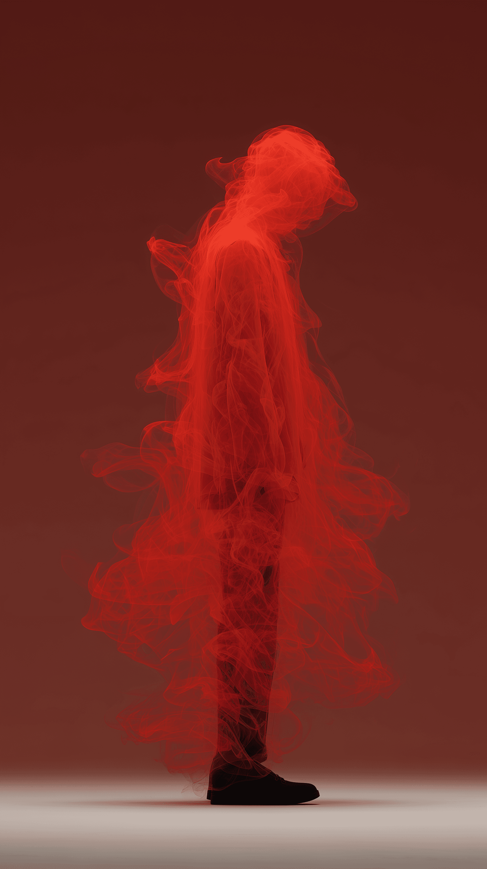 AI generated: surrealistic photograph, glowing of vibrant red lights, mysterious figure silhouette, full-body, vib...