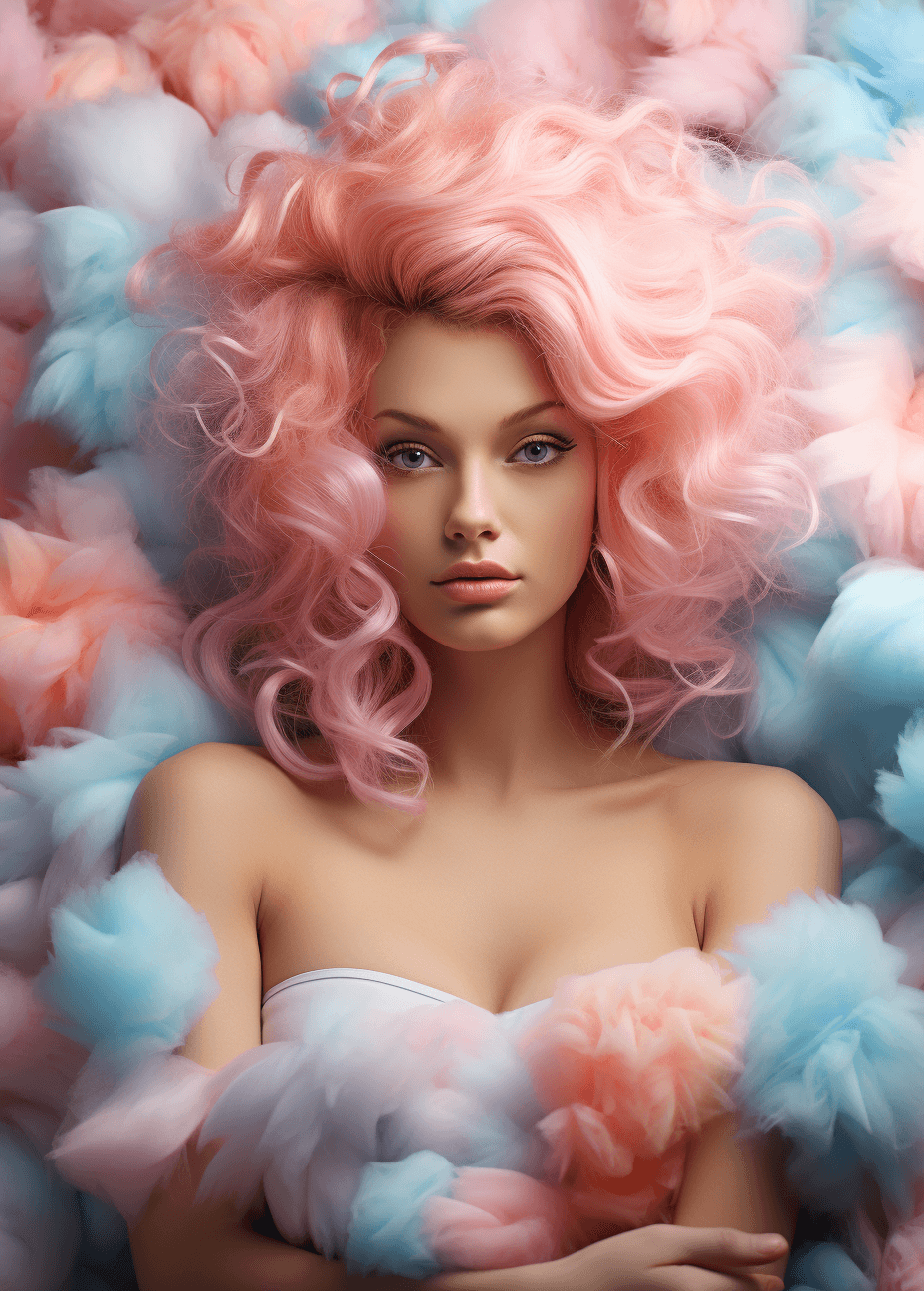AI generated: medium portrait of a beautiful woman model made entirely from cotton candy, pink makeup, glamorous, ...