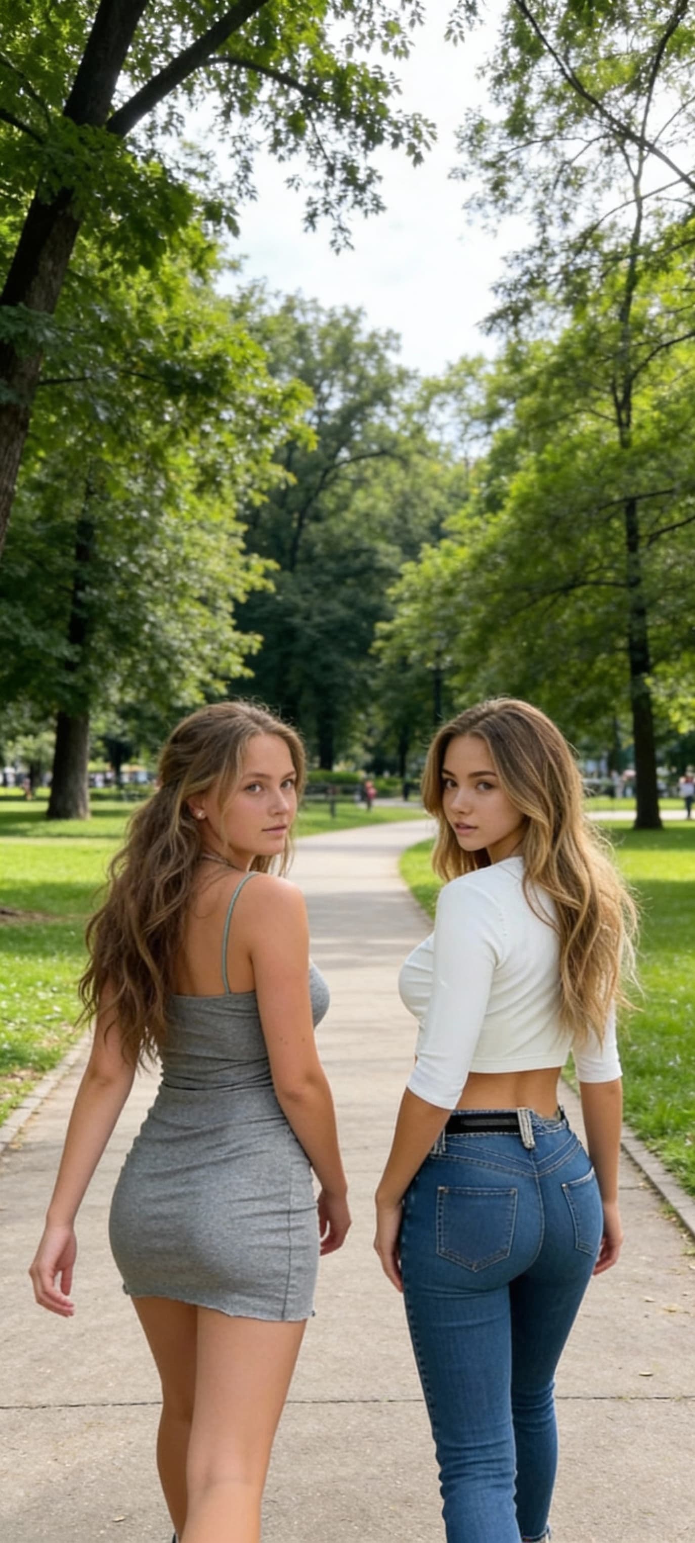 AI generated: show them both walking down a park way away from the camera looking back

