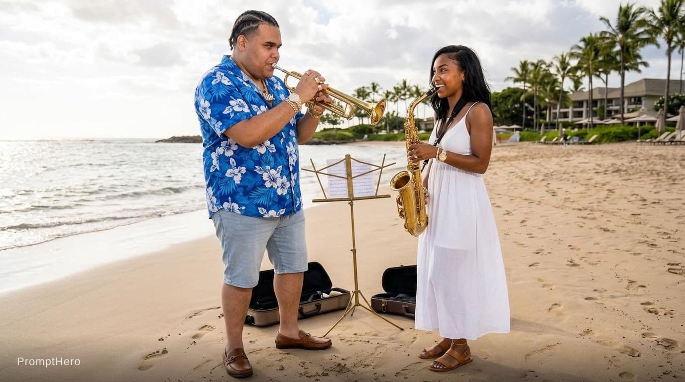 AI generated: Man plays the trumpet and woman plays alto saxophone 