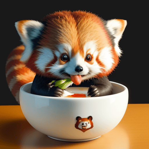 AI generated: red panda, cute appearance, docile character, big eyes, round ears, flat face, thick tail, vivid, fu...