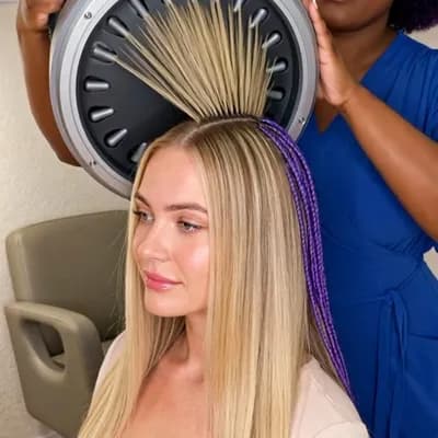 AI generated video: Using a very big automation braiding round machine on my client who have blon hair for purple knotle...
