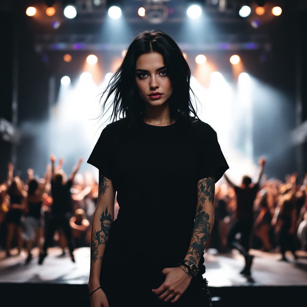 AI generated: A young Caucasian woman with medium long black hair, a black t-shirt, several tattoos, rock and roll...