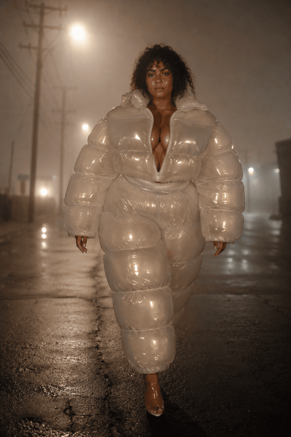 AI generated: fashion photography, model in full-body, front central view, wearing an oversized fluffy and vinyl s...