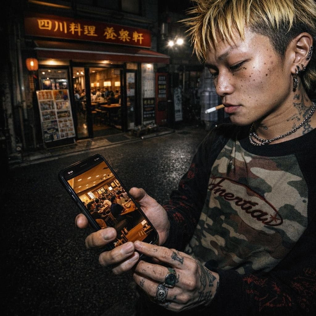 AI generated: urban restaurant exterior at night, harsh direct flash photography, gritty candid street scene

a pe...