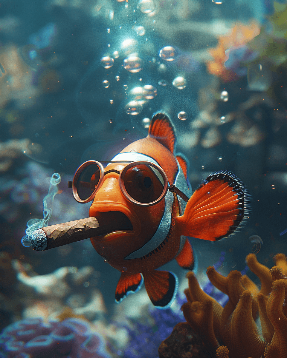 AI generated: 
Ultra realistic 3D image Clownfish, swimming in the ocean, while smoking a cigar and instead of sm...