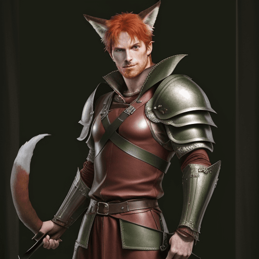 AI generated: Character: Tall, lean, slightly muscular red-haired green-eyed man with fox ears and tail in full se...