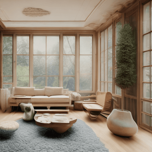 AI generated: High resolution photography interior design, dreamy sunken living room conversation pit, wooden floo...