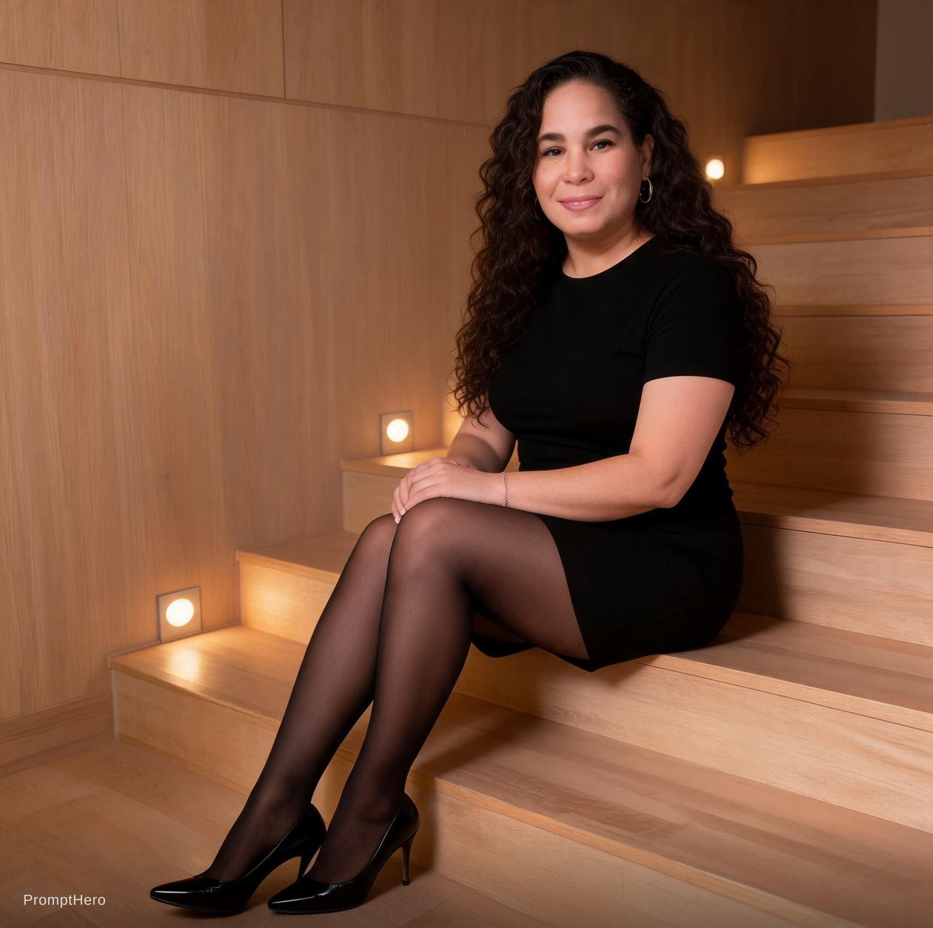 AI generated: create a picture of me with long, dark brown hair is seated on wooden steps in a dimly lit, intimate...