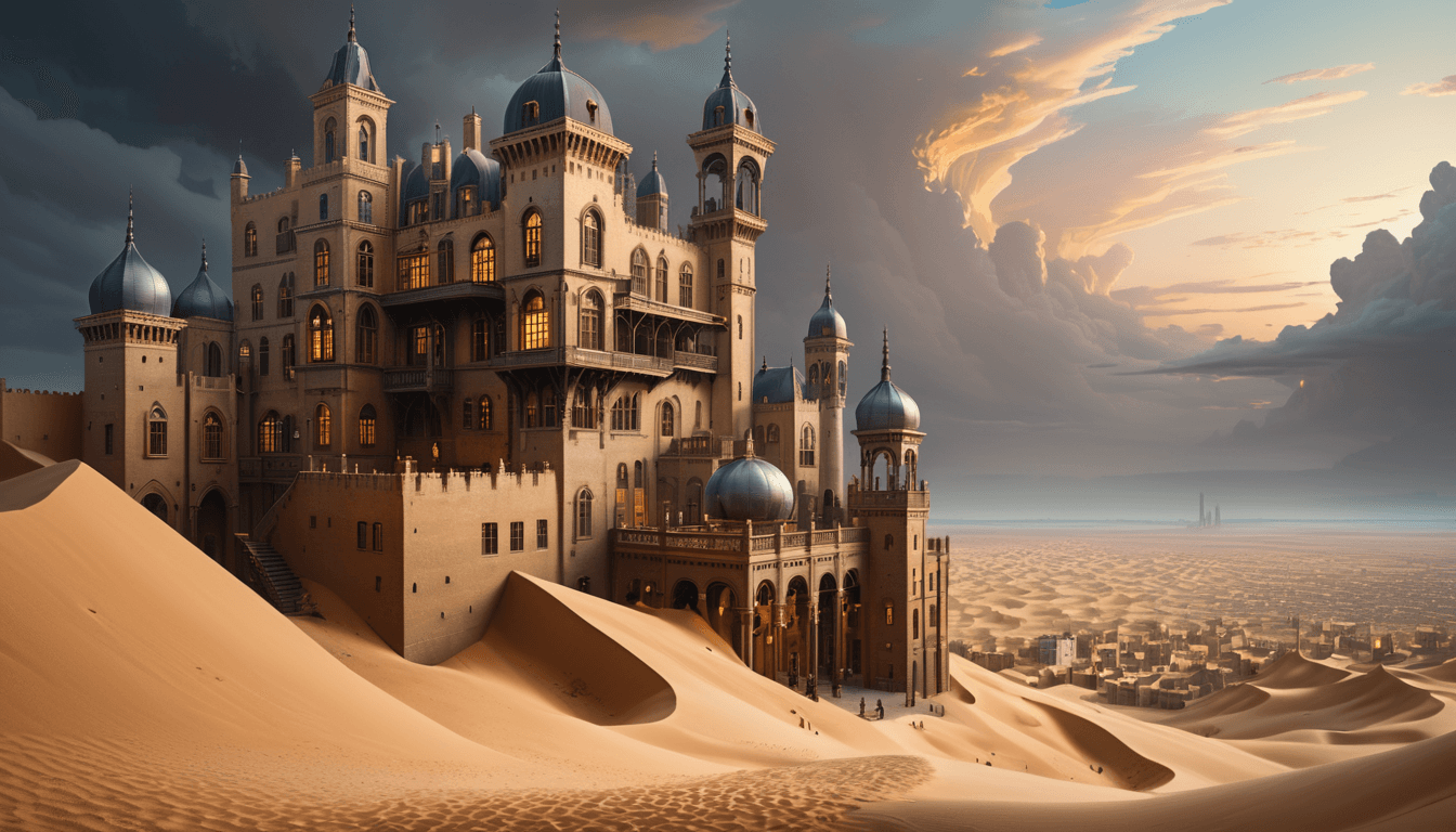 AI generated: art by Johannes Vermeer, victorian architecture with cyberpunk elements, walled city surrounded by a...