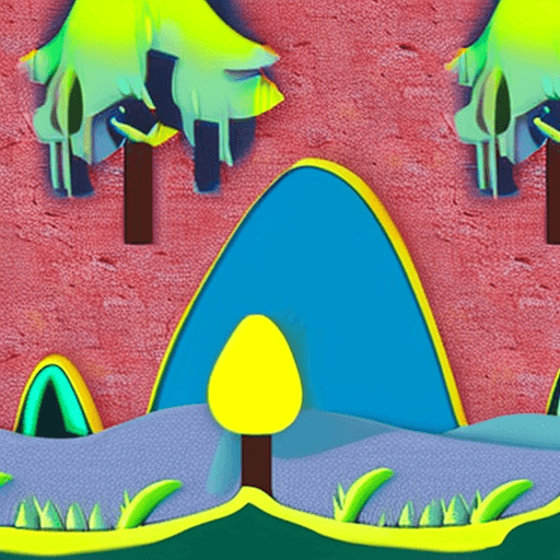 AI generated: Create a depiction of an enchanting green forest where in the distance, five young cartoonish bears ...