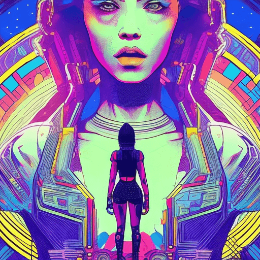 AI generated: high contrast comic book style art, cyberpunk aztec girl standing on a small moon, pop art, comic ar...