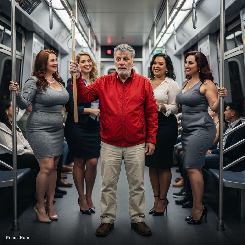 AI generated: remplace l'homme agé dans le metro par le pesronnage ne rouge dans la 2 eme image
