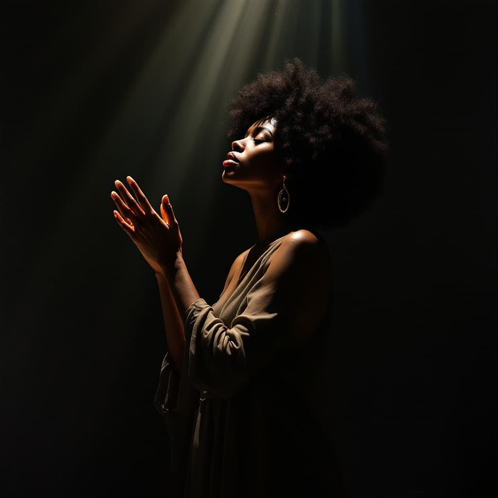 AI generated: A woman on afro hair, hands raised in veneration to the creator, standing sideways, head raised and ...