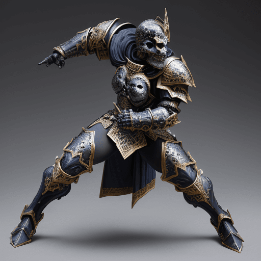 AI generated: Heavily armored figure standing in a dynamic, action-ready pose. This figure is clad in ornate armor...