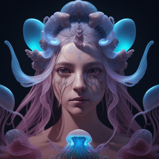 AI generated: Goddess close-up portrait ribcagel. jellyfish phoenix head, nautilus, orchid, skull, betta fish, bio...