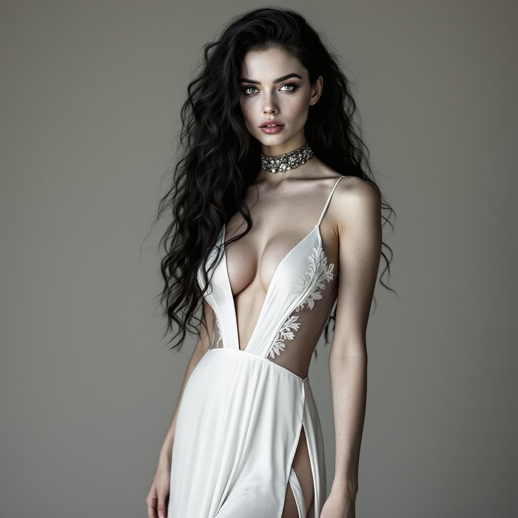 AI generated: A woman white skin with long curly black hair and striking green eyes, freckles, wears a white dress...