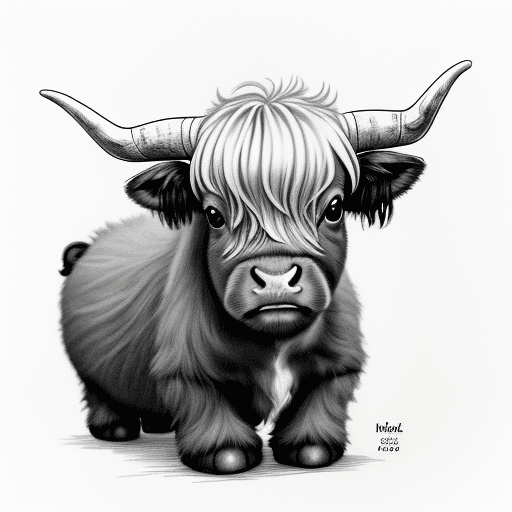 AI generated: A cute baby Highland cow ink drawing in black and white