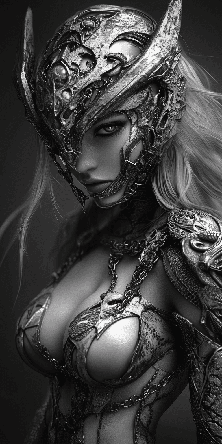AI generated: A striking black and white portrait of a female warrior in ornate, intricate metallic armor, featuri...
