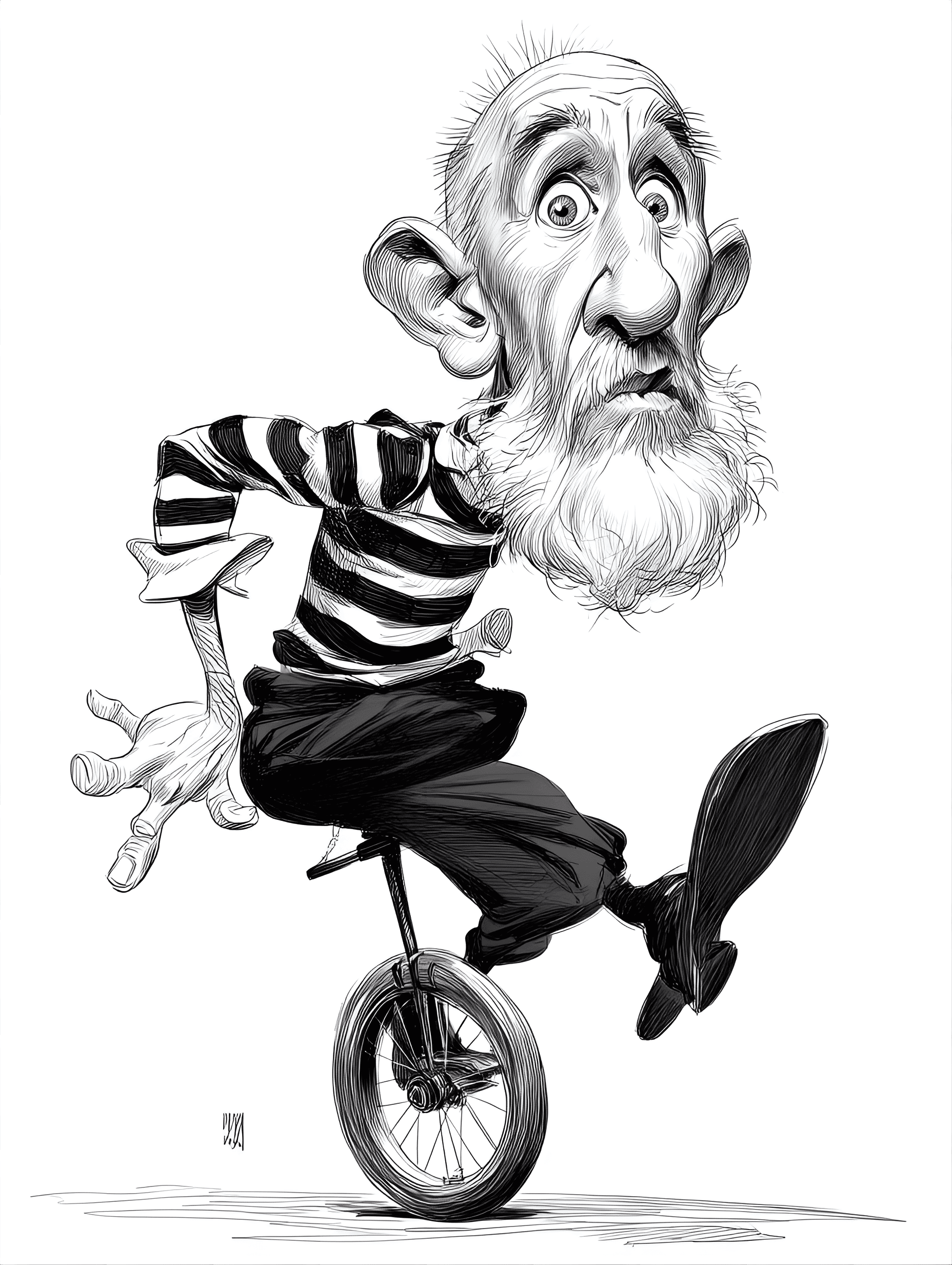 AI generated: funny caricature, acrobatic mime caricature, middle-aged caucasian male, 50 years old, slim build, l...