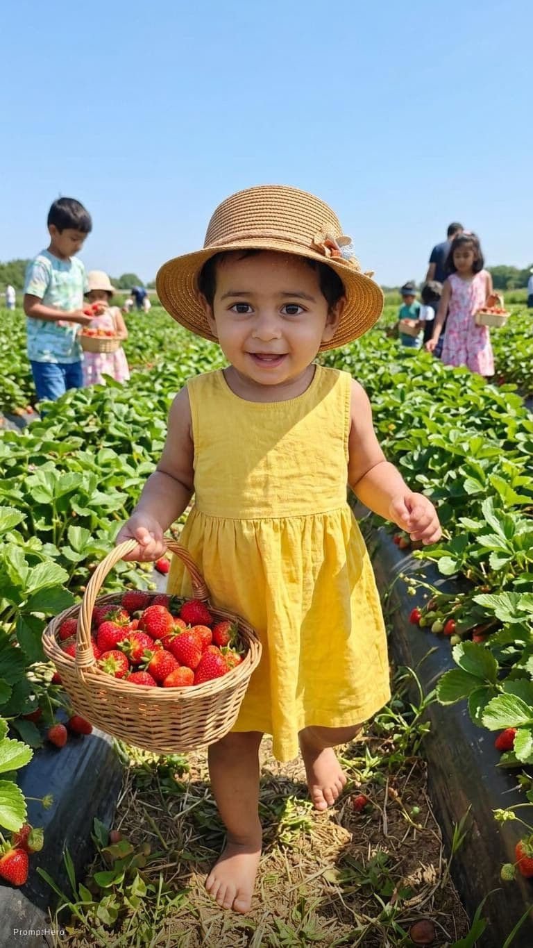 AI generated: A super cute baby wearing a straw hat and a yellow outfit, holding a basket overflowing with bright ...