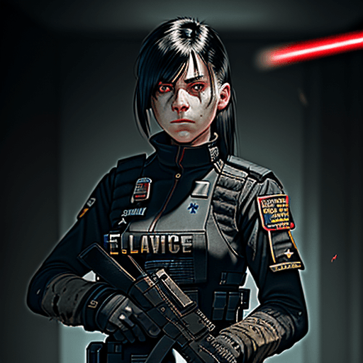 AI generated: A Female Enclave Officer, of age 24, equipped with a tattered and burned Enclave Officer Uniform , a...