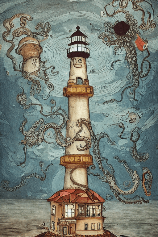 AI generated: A giant octopus with big eyes  holds a lighthouse in its tentacles painted by victo ngai, Alexander ...