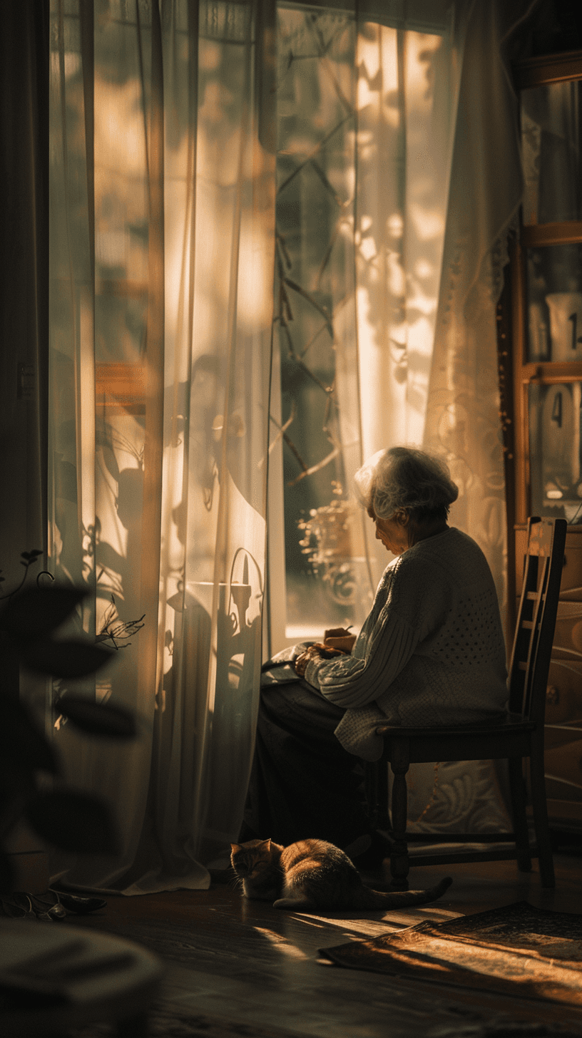 AI generated: Cinematic, Intuitive Shooting, Side Angle, Fujifilm GFX 100S, GF 80mm f/1.7 Lens, An elderly mother ...