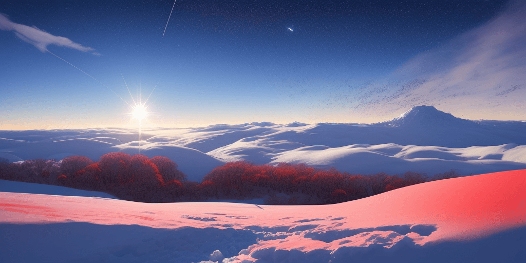 AI generated: snowscape, high energy red energy orb meteorites in distant beautiful sunny blue sky, tranquil snowy...