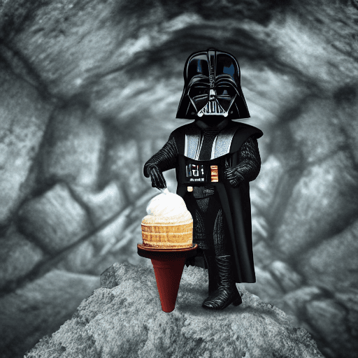 AI generated: realistic darth vader enjoying an ice cream cone, standing in a subterranean cave