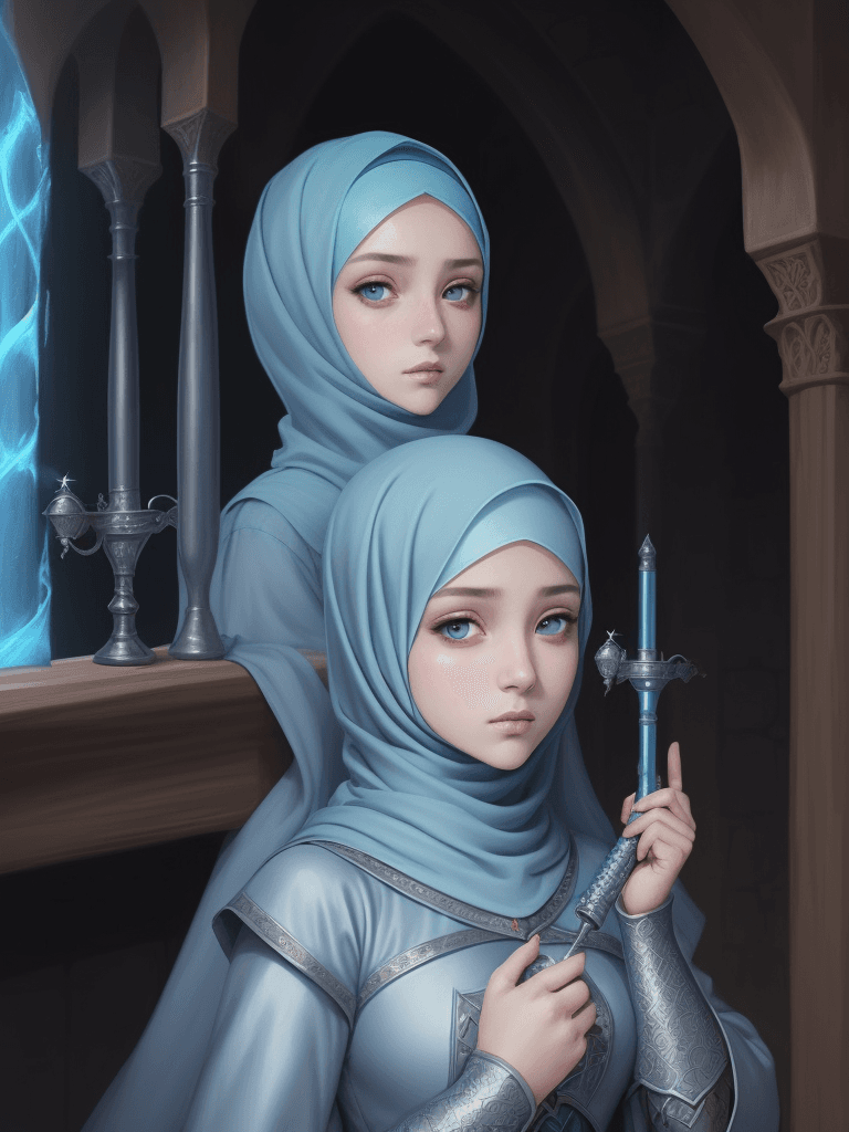 AI generated: close portrait of muslim girls, hijab, masterpiece robe, mage girl, solo, 1girl, light blue hijab, d...