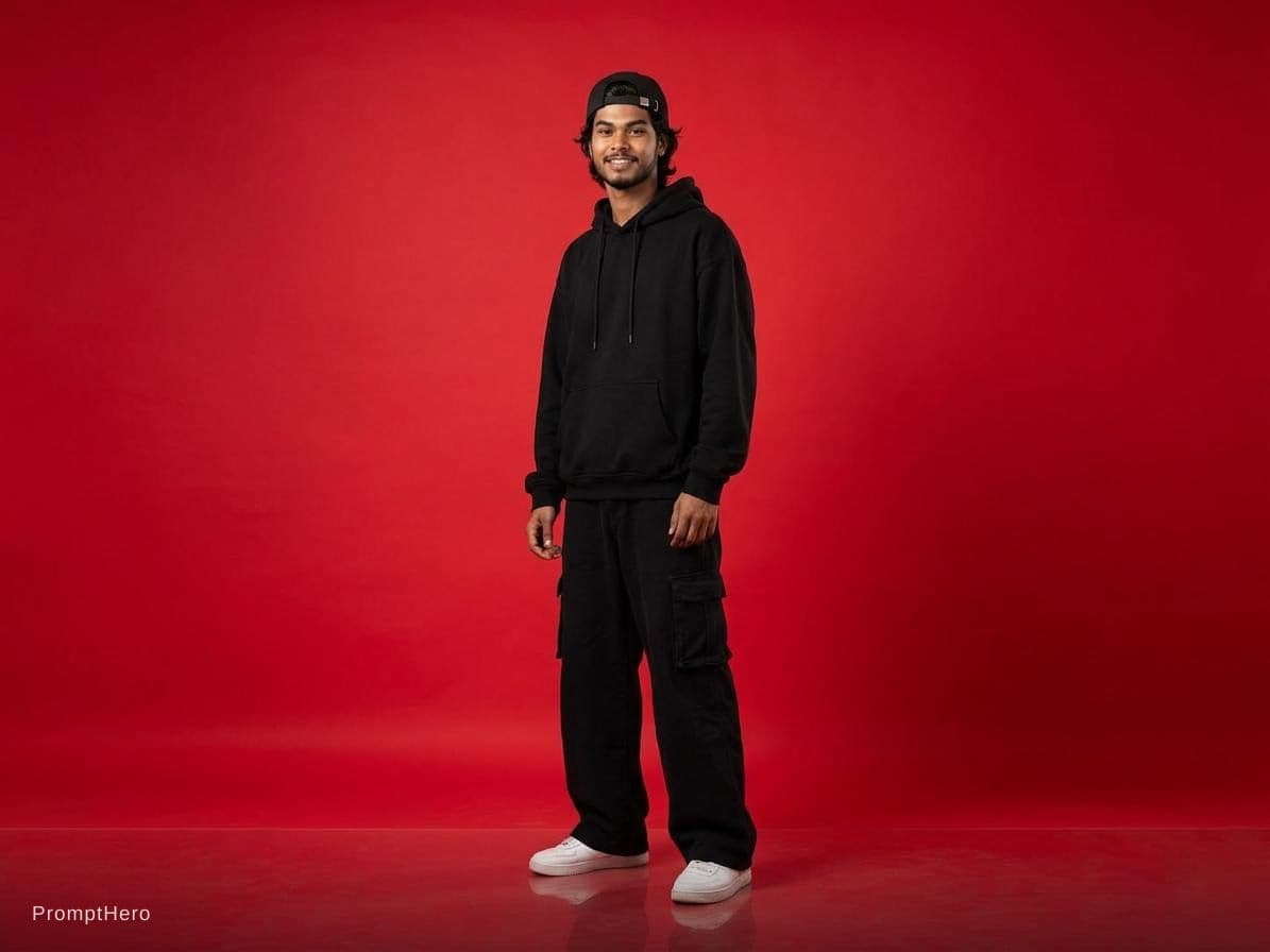 AI generated: capturing a casual yet stylish vibe, a figure in a loose, oversized black street wearing and wide-le...