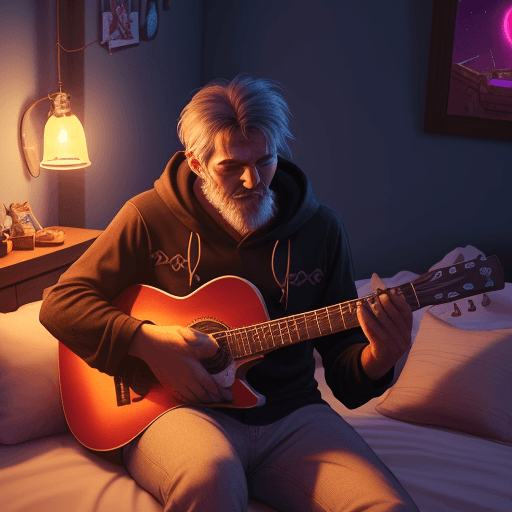 AI generated: A mognolian dad playing guitar for a girl sleeping in bed in a cozy room with starlights