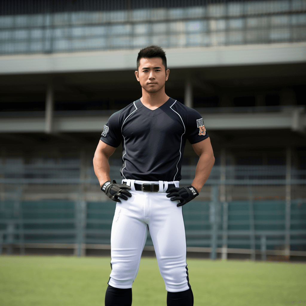AI generated: Full-Body Shot - Head-to-toe view, japanese, baseball player, handsome, show legs, show feet. standi...