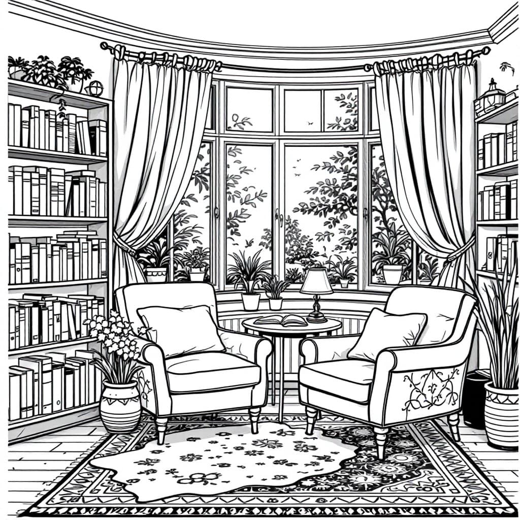 AI generated: Create a high-resolution black-and-white line drawing of a cozy reading nook. Include detailed eleme...