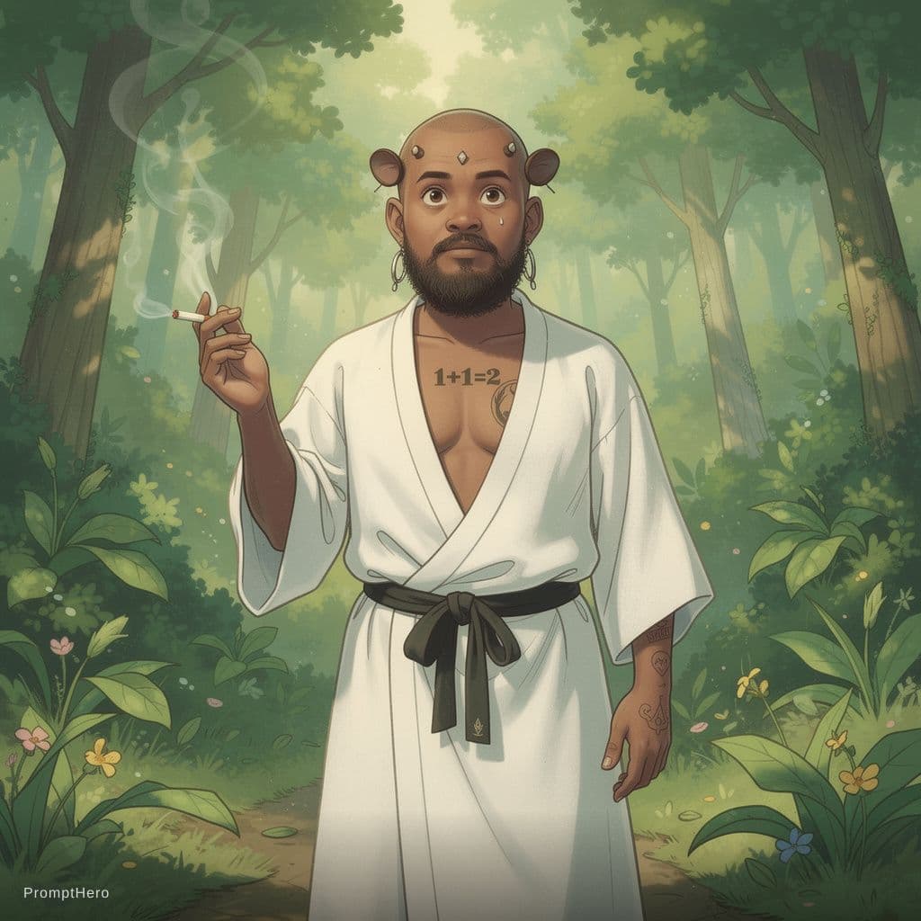 AI generated: A figure standing in a lush green forest, dressed in a white kimono-style outfit with a black belt. ...
