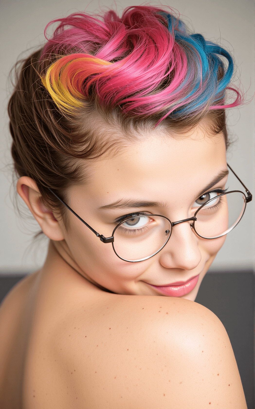 AI generated: A close-up portrait of a young girl with a vibrant, multicolored hairstyle that includes shades of p...
